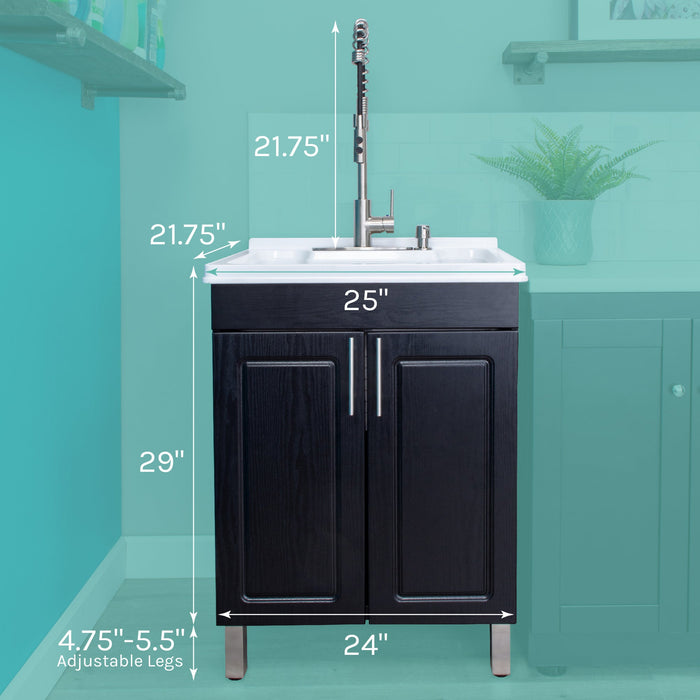 Tehila Black Vanity Cabinet and White Utility Sink with Stainless Steel Finish High-Arc Coil Pull-Down Faucet - Side View