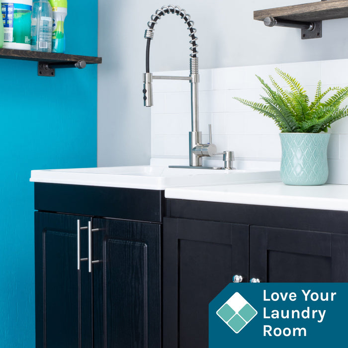 Tehila Black Vanity Cabinet and White Utility Sink with Stainless Steel Finish High-Arc Coil Pull-Down Faucet - Close-Up