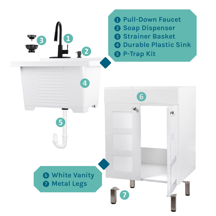 Tehila White Vanity Cabinet and White Utility Sink with Black Finish High-Arc Pull-Down Faucet - View 11