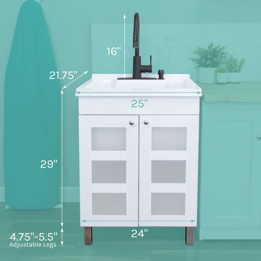 Tehila White Vanity Cabinet and White Utility Sink with Black Finish High-Arc Pull-Down Faucet - Side View
