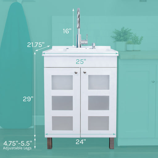 Tehila White Vanity Cabinet and White Utility Sink with Chrome Finish High-Arc Pull-Down Faucet - Side View