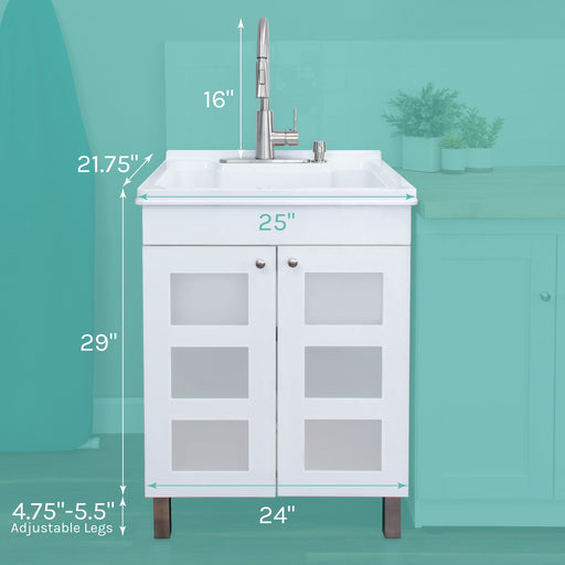 Tehila White Vanity Cabinet and White Utility Sink with Stainless Steel Finish High-Arc Pull-Down Faucet - Side View