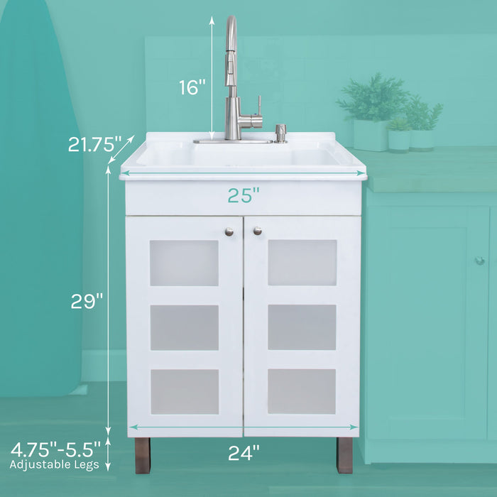 Tehila White Vanity Cabinet and White Utility Sink with Stainless Steel Finish High-Arc Pull-Down Faucet - Side View
