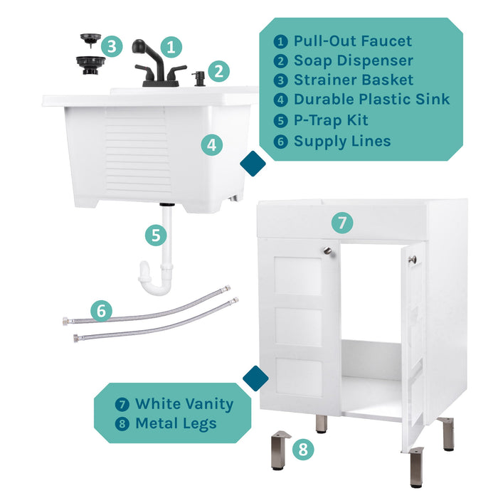 Tehila White Vanity Cabinet and White Utility Sink with Black Finish Pull-Out Faucet - View 10