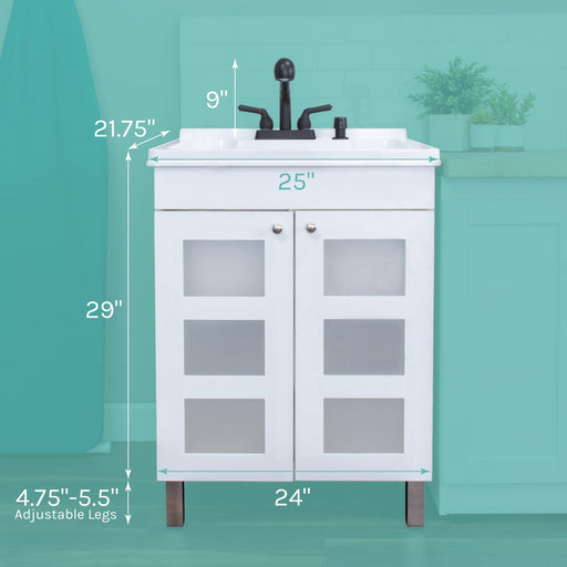Tehila White Vanity Cabinet and White Utility Sink with Black Finish Pull-Out Faucet - Side View