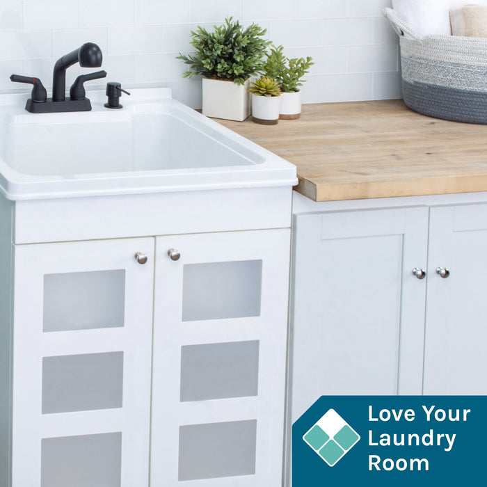 Tehila White Vanity Cabinet and White Utility Sink with Black Finish Pull-Out Faucet - Detail View