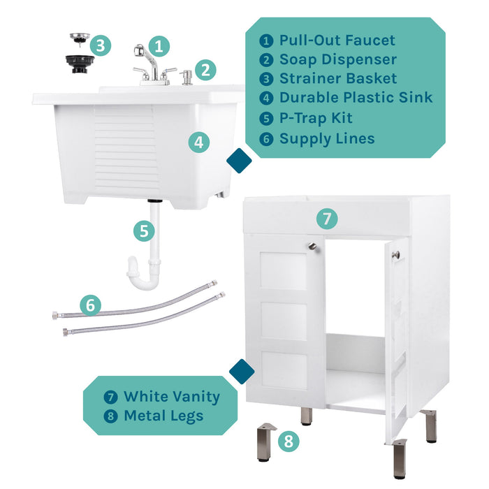 Tehila White Vanity Cabinet and White Utility Sink with Chrome Finish Pull-Out Faucet - View 10
