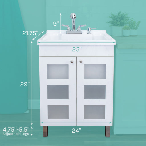 Tehila White Vanity Cabinet and White Utility Sink with Chrome Finish Pull-Out Faucet - Side View