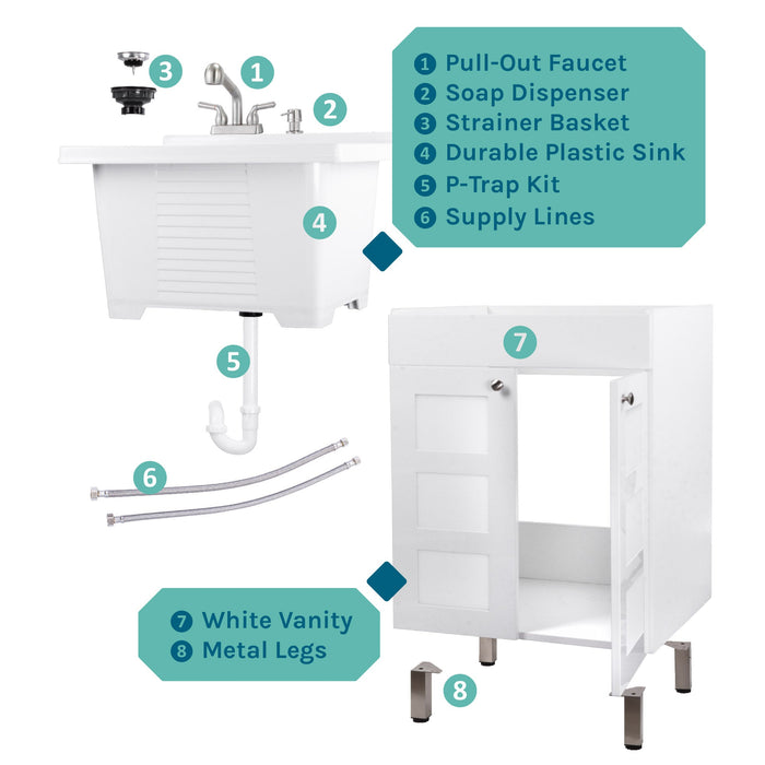Tehila White Vanity Cabinet and White Utility Sink with Stainless Steel Finish Pull-Out Faucet - View 10