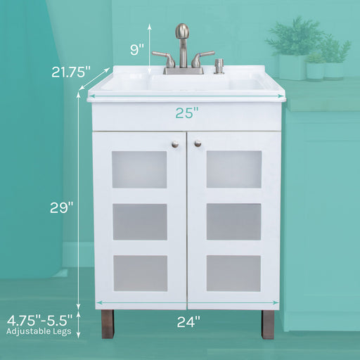 Tehila White Vanity Cabinet and White Utility Sink with Stainless Steel Finish Pull-Out Faucet - Side View