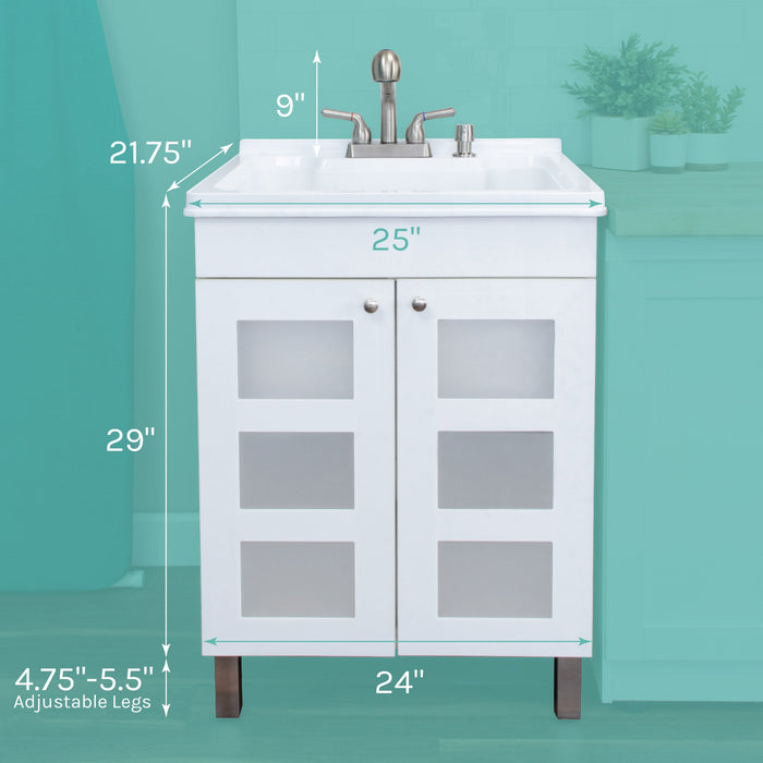 Tehila White Vanity Cabinet and White Utility Sink with Stainless Steel Finish Pull-Out Faucet - Side View