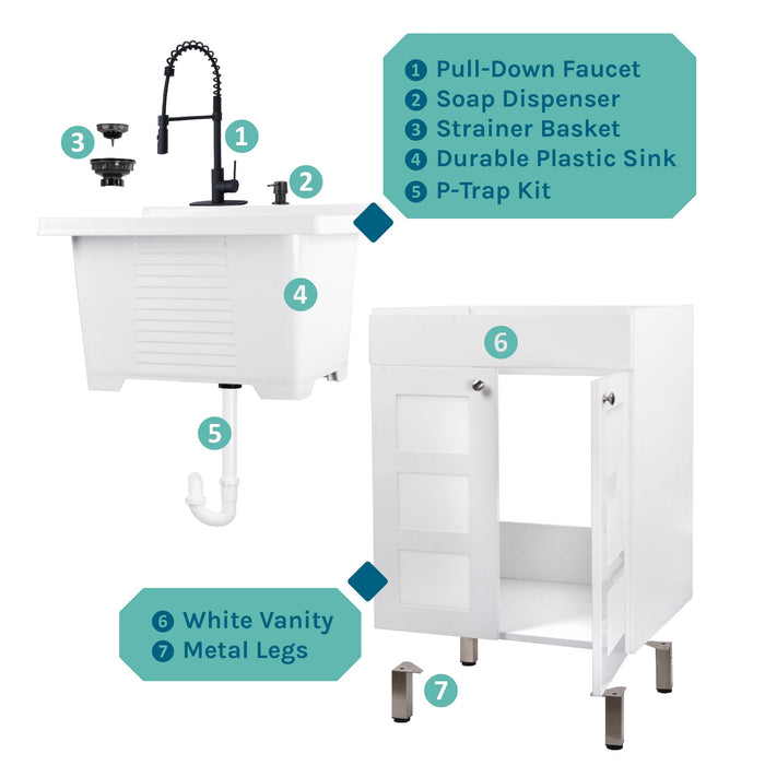 Tehila White Vanity Cabinet and White Utility Sink with Black Finish High-Arc Coil Pull-Down Faucet - View 11