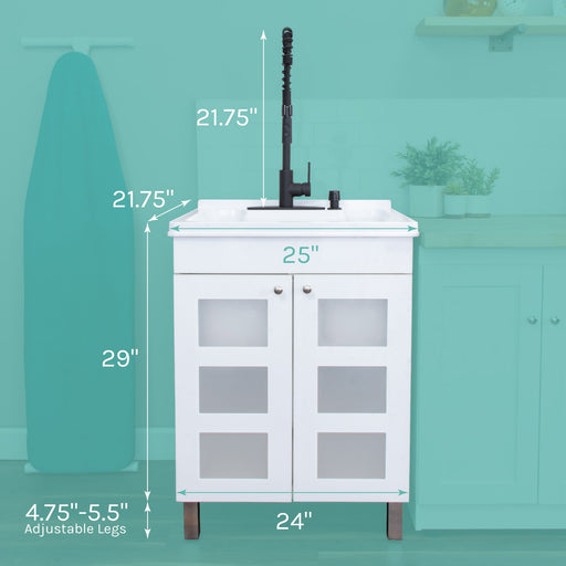 Tehila White Vanity Cabinet and White Utility Sink with Black Finish High-Arc Coil Pull-Down Faucet - Side View