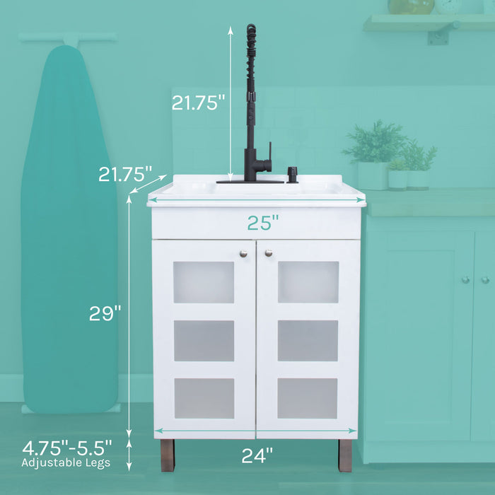 Tehila White Vanity Cabinet and White Utility Sink with Black Finish High-Arc Coil Pull-Down Faucet - Side View