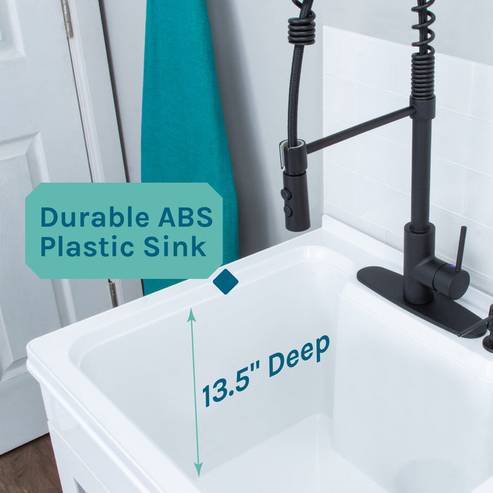 Tehila White Vanity Cabinet and White Utility Sink with Black Finish High-Arc Coil Pull-Down Faucet - Close-Up