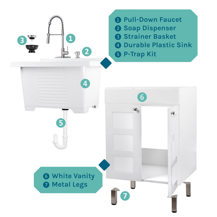 Tehila White Vanity Cabinet and White Utility Sink with Stainless Steel Finish High-Arc Coil Pull-Down Faucet - View 11