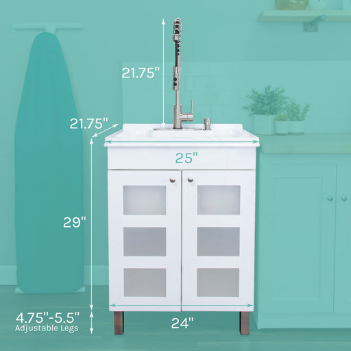Tehila White Vanity Cabinet and White Utility Sink with Stainless Steel Finish High-Arc Coil Pull-Down Faucet - Side View