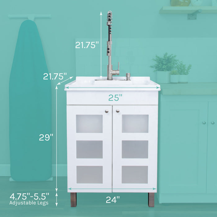 Tehila White Vanity Cabinet and White Utility Sink with Stainless Steel Finish High-Arc Coil Pull-Down Faucet - Side View
