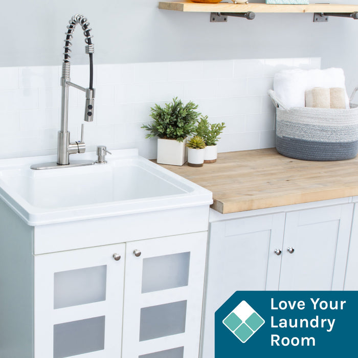 Tehila White Vanity Cabinet and White Utility Sink with Stainless Steel Finish High-Arc Coil Pull-Down Faucet - Detail View