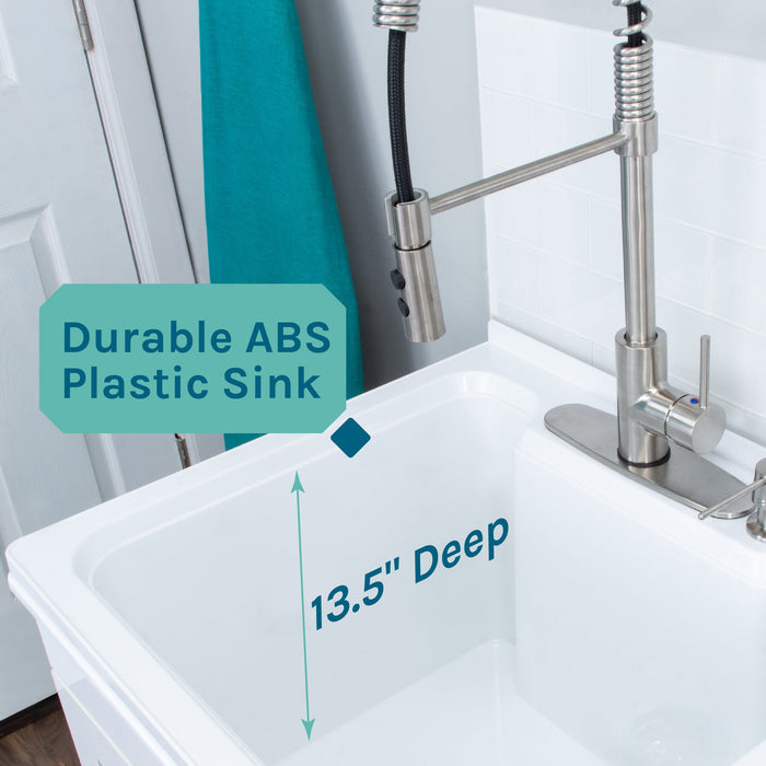 Tehila White Vanity Cabinet and White Utility Sink with Stainless Steel Finish High-Arc Coil Pull-Down Faucet - Close-Up