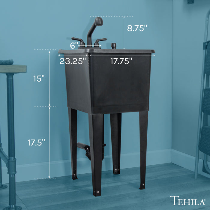 Tehila Space Saver Freestanding Black Utility Sink with Black Finish Pull-Out Faucet - Side View