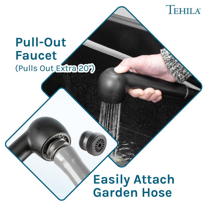 Tehila Space Saver Freestanding Black Utility Sink with Black Finish Pull-Out Faucet - Features