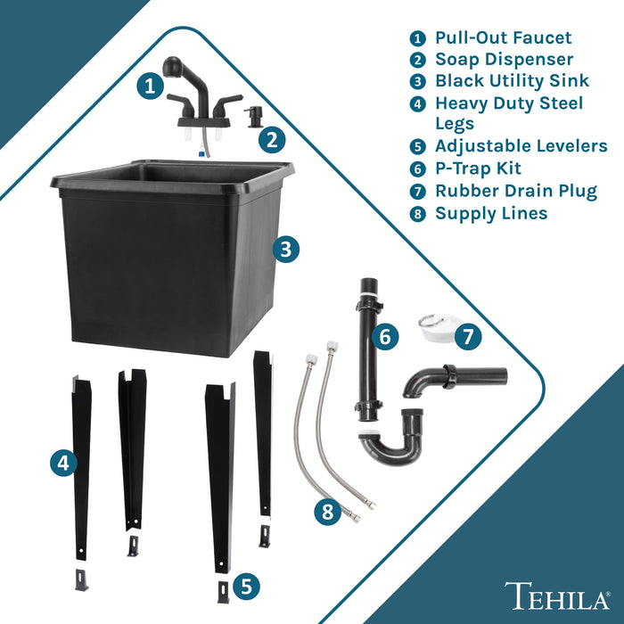 Tehila Space Saver Freestanding Black Utility Sink with Black Finish Pull-Out Faucet - View 9