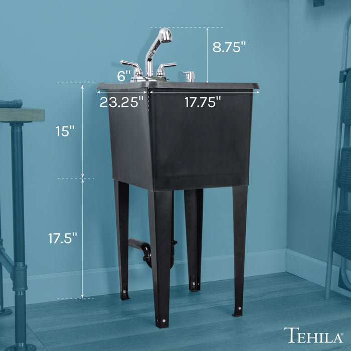 Tehila Space Saver Freestanding Black Utility Sink with Chrome Finish Pull-Out Faucet - Side View