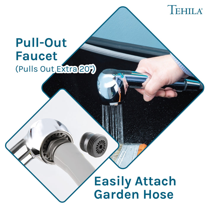 Tehila Space Saver Freestanding Black Utility Sink with Chrome Finish Pull-Out Faucet - Features