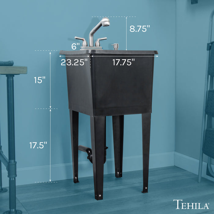 Tehila Space Saver Freestanding Black Utility Sink with Stainless Steel Finish Pull-Out Faucet - Side View