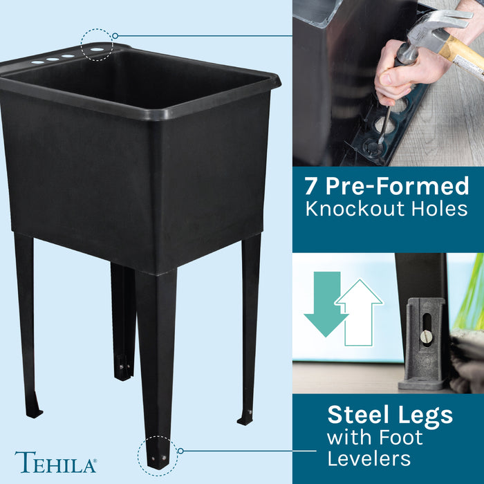 Tehila Space Saver Freestanding Black Utility Sink with Stainless Steel Finish Pull-Out Faucet - Dimensions