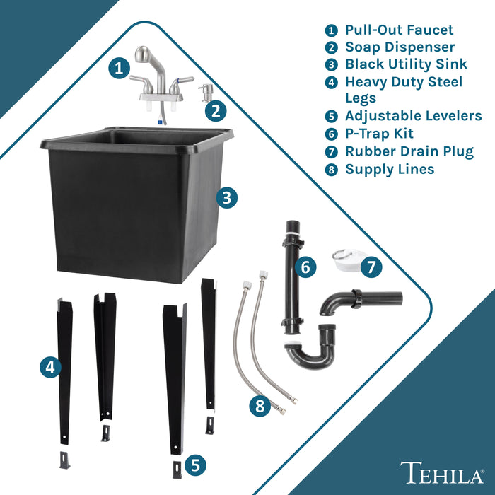 Tehila Space Saver Freestanding Black Utility Sink with Stainless Steel Finish Pull-Out Faucet - View 9