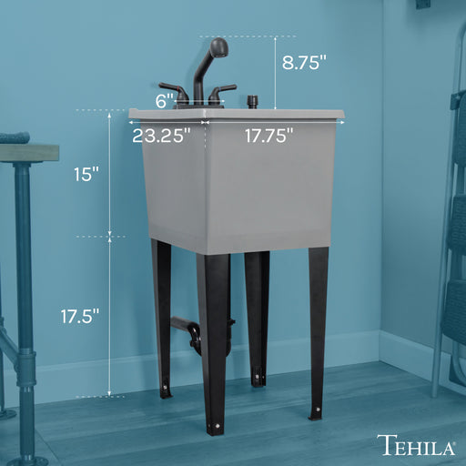 Tehila Space Saver Freestanding Grey Utility Sink with Black Finish Pull-Out Faucet - Side View