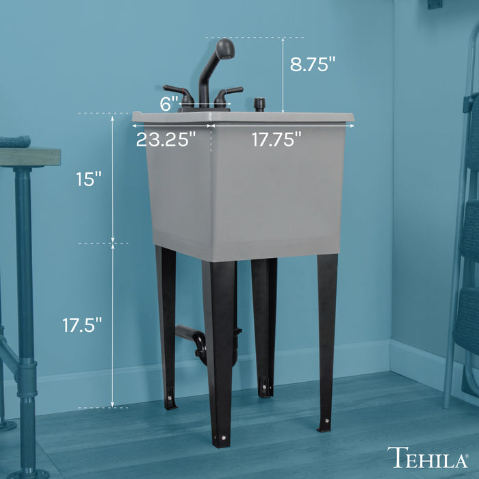 Tehila Space Saver Freestanding Grey Utility Sink with Black Finish Pull-Out Faucet - Side View