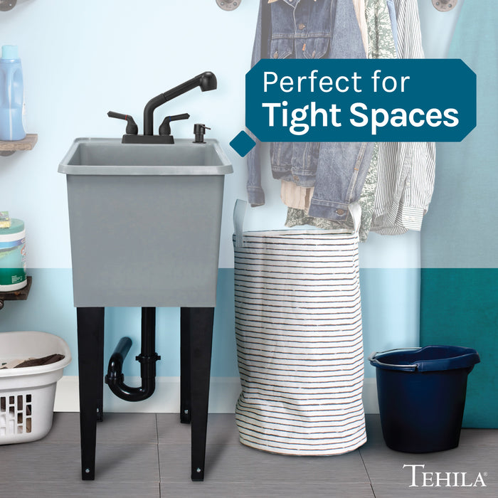 Tehila Space Saver Freestanding Grey Utility Sink with Black Finish Pull-Out Faucet - Detail View