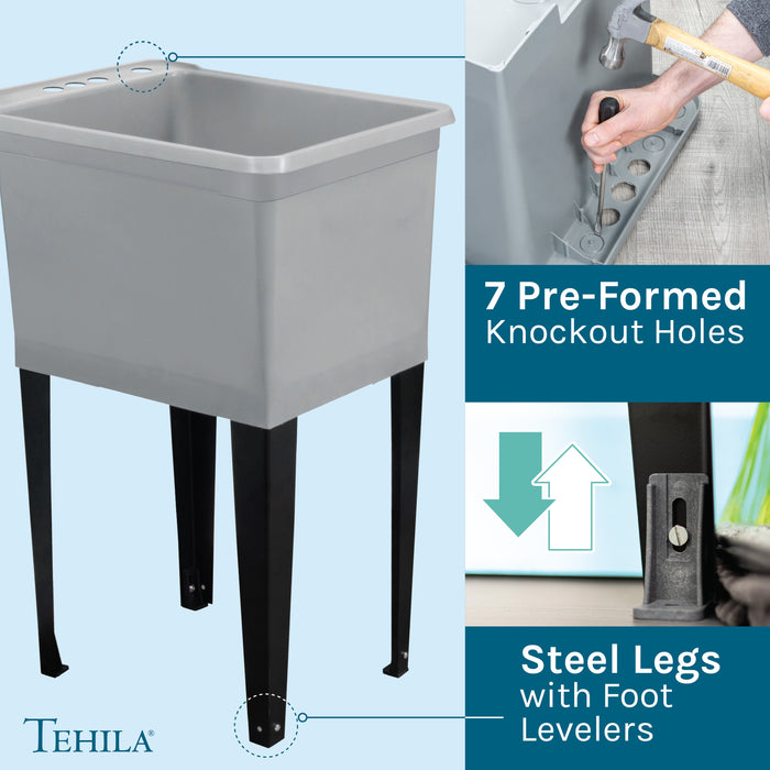 Tehila Space Saver Freestanding Grey Utility Sink with Black Finish Pull-Out Faucet - Dimensions
