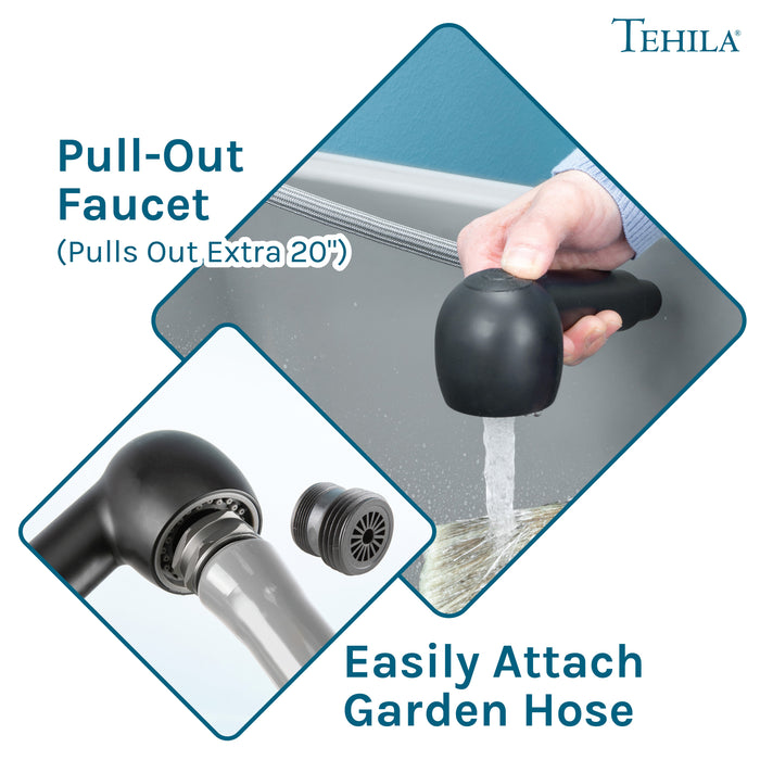 Tehila Space Saver Freestanding Grey Utility Sink with Black Finish Pull-Out Faucet - Features
