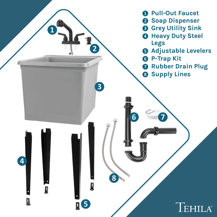 Tehila Space Saver Freestanding Grey Utility Sink with Black Finish Pull-Out Faucet - View 9