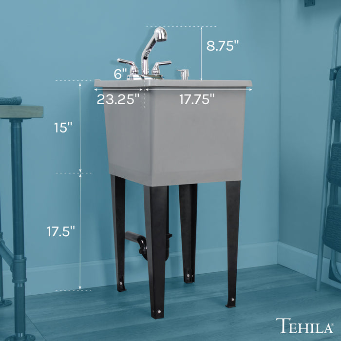 Tehila Space Saver Freestanding Grey Utility Sink with Chrome Finish Pull-Out Faucet - Side View