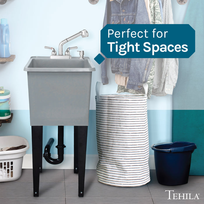 Tehila Space Saver Freestanding Grey Utility Sink with Chrome Finish Pull-Out Faucet - Detail View