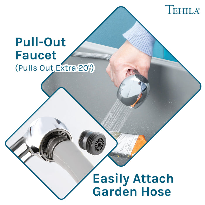 Tehila Space Saver Freestanding Grey Utility Sink with Chrome Finish Pull-Out Faucet - Features