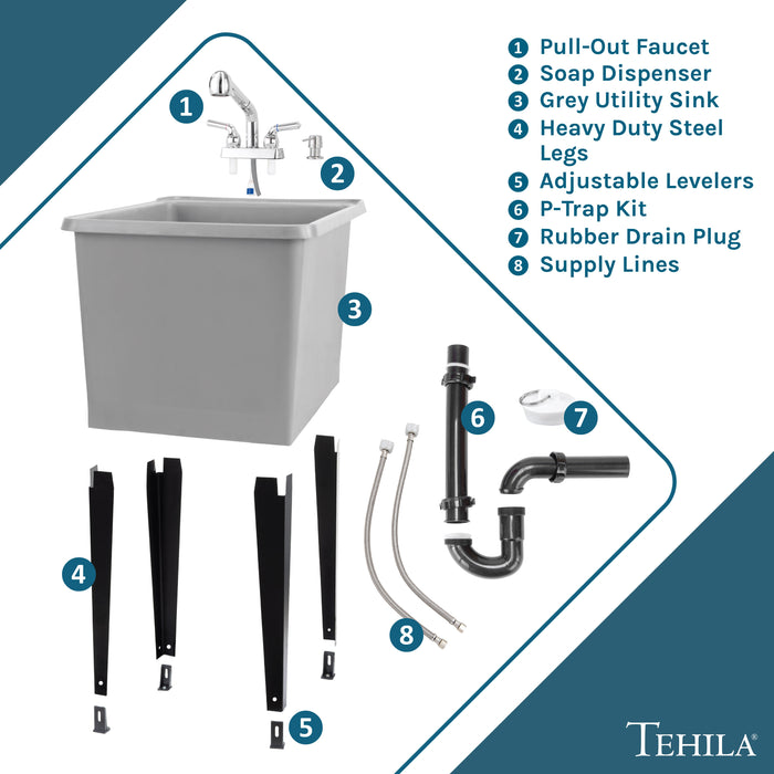 Tehila Space Saver Freestanding Grey Utility Sink with Chrome Finish Pull-Out Faucet - View 9