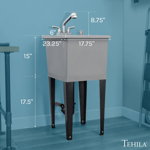 Tehila Space Saver Freestanding Grey Utility Sink with Stainless Steel Finish Pull-Out Faucet - Side View
