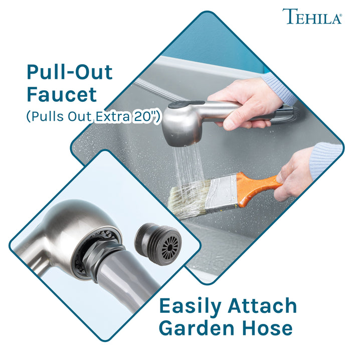 Tehila Space Saver Freestanding Grey Utility Sink with Stainless Steel Finish Pull-Out Faucet - Features