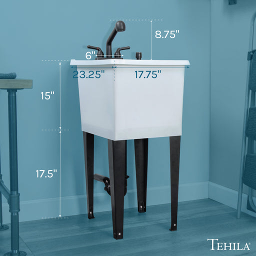 Tehila Space Saver Freestanding White Utility Sink with Black Finish Pull-Out Faucet - Side View