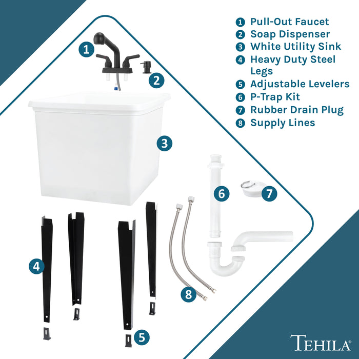 Tehila Space Saver Freestanding White Utility Sink with Black Finish Pull-Out Faucet - View 9
