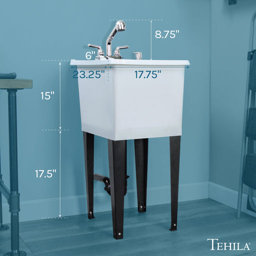 Tehila Space Saver Freestanding White Utility Sink with Chrome Finish Pull-Out Faucet - Side View