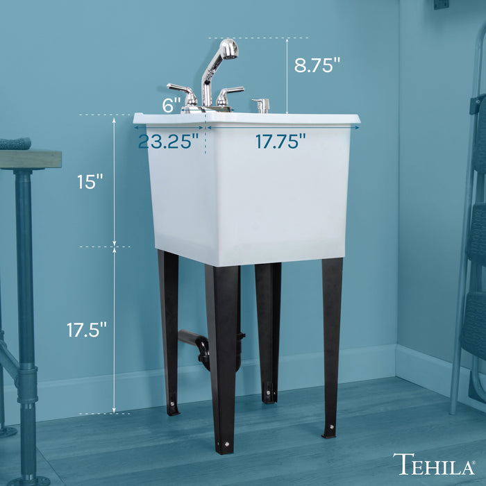 Tehila Space Saver Freestanding White Utility Sink with Chrome Finish Pull-Out Faucet - Side View