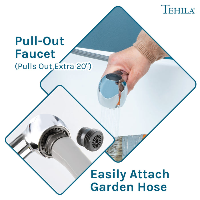 Tehila Space Saver Freestanding White Utility Sink with Chrome Finish Pull-Out Faucet - Features