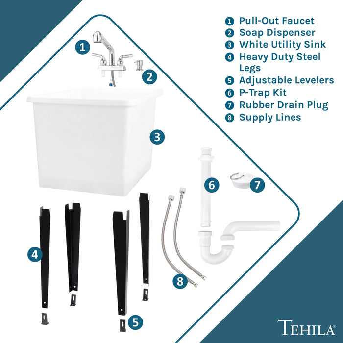 Tehila Space Saver Freestanding White Utility Sink with Chrome Finish Pull-Out Faucet - View 9